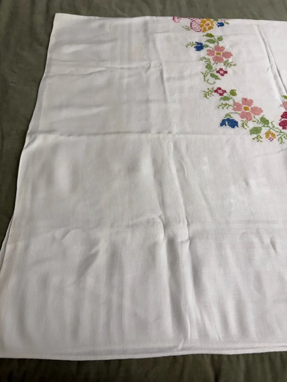 Embroidered Floral Linen Tablecloth - White with Pastel Flowers  OSK